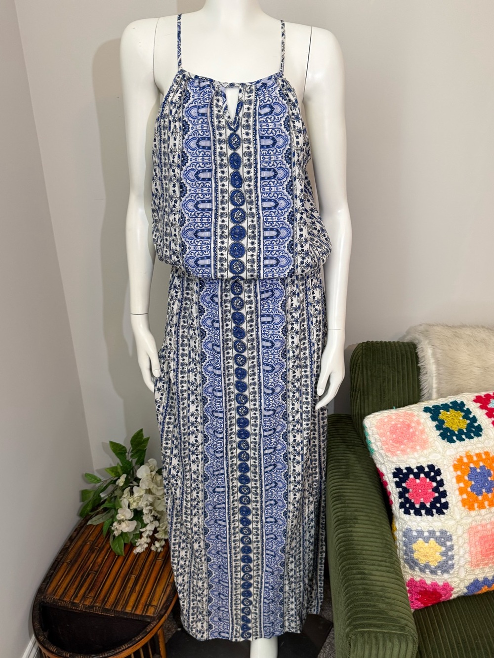 JAPNA Dress Maxi Spaghetti Straps Flowy Bodice Elastic Waist Blue White Sz L